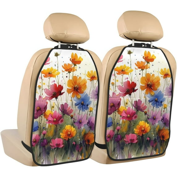 Kdxio Colorful Wildflower Meadow Print 2 Pack Car Kick Mat Seat Cover Back Protector Mat with Pockets for Organizer Backseat Protector and Storage Anti Kick Pad for Vehicles