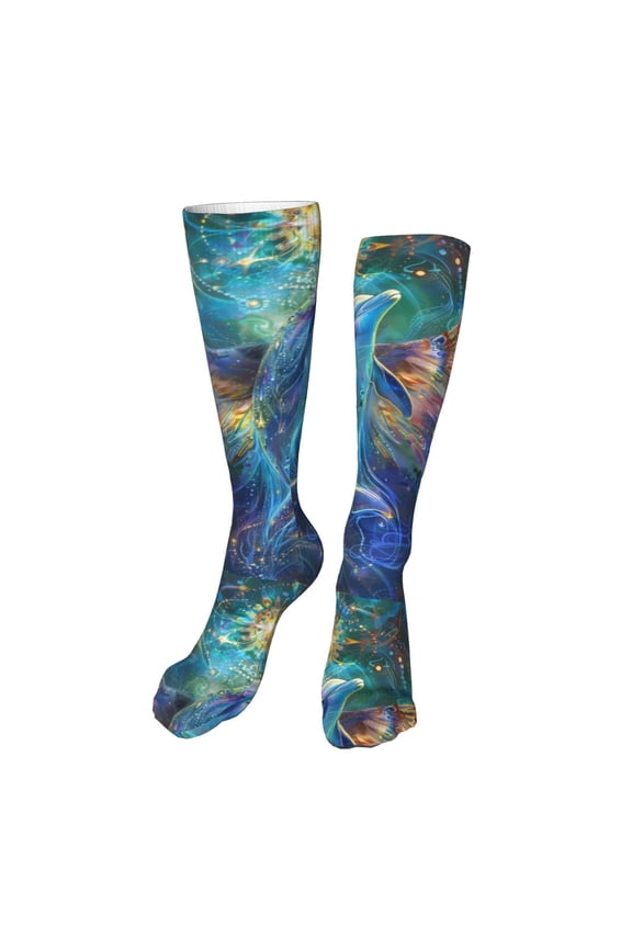 Colorful Winged Dolphin Funny Silky Novelty Funky Long Knee High Socks Soft 3D Print Cosplay Crazy Stockings for Men Women