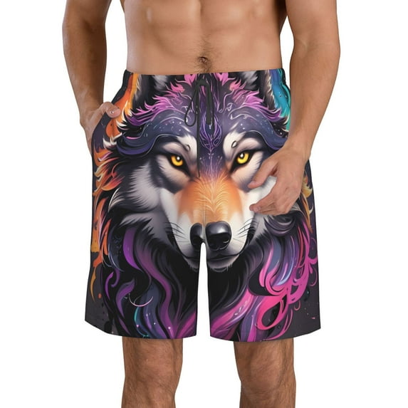 Kdxio Colorful Wolf Head A Pattern Mens Casual Shorts - Drawstring Summer Beach Sports Shorts for Men