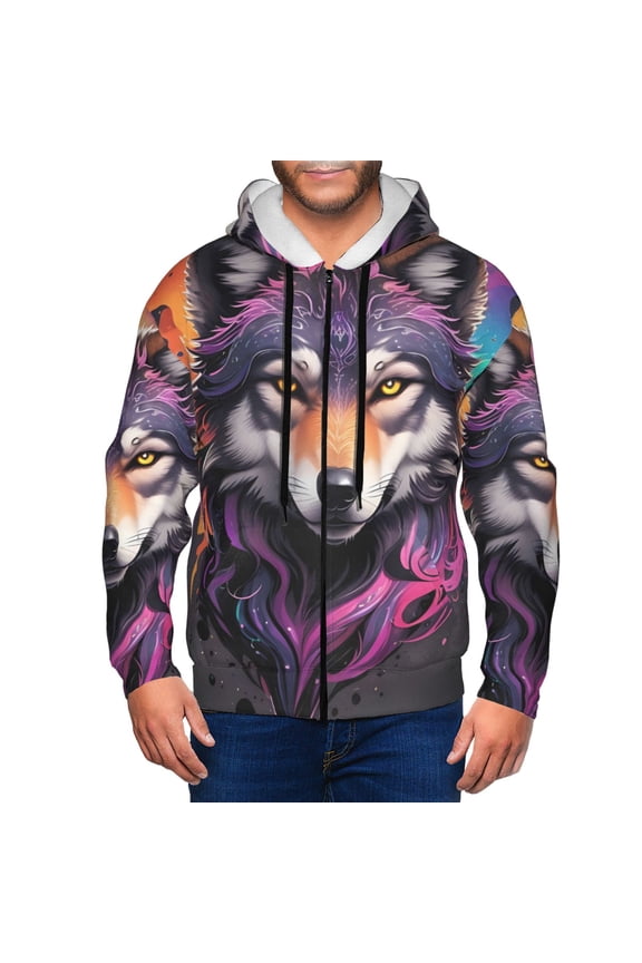 Colorful Wolf Head A Print Men Hoodies Casual Hoodies for Men with Zip Pockets Full Zip Long Sleeve Sweatshirt Sports Hooded Jacket-Medium