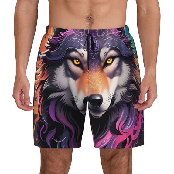 Kdxio Colorful Wolf Head A Print Men's Swim Trunks with Compression Liner 7 Inch Inseam Quick Dry Swim Shorts