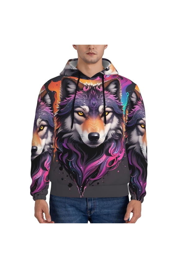 Colorful Wolf Head A Print Mens Casual Hooded Collar Drawstring Hoodies Pullover Sweatshirts Casual Long Sleeve Shirts-Medium