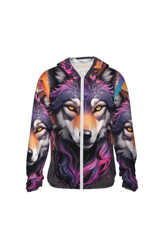 Colorful Wolf Head A Print Women Men Sun Protection UPF 50+ Jackets Zip Up Long Sleeve Hoodie Hiking Lightweight with Pockets