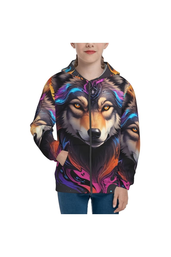 Colorful Wolf Head Pattern Kids Boys Girls Zip Up Hoodie 3D Printed Hooded Sweatshirt Hoody Coat with Pocket 7-12 Y-Medium