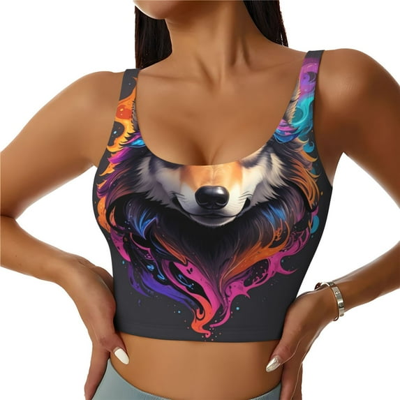 Kdxio Colorful Wolf Head Print Workout Crop Tank Top for Women Racerback Yoga Tank Tops Athletic Sports Shirts Exercise Undershirts