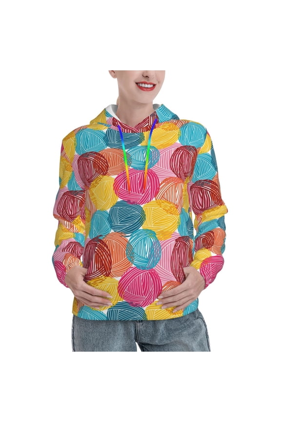 Colorful Wool Balls Print Womens Oversized Hoodies Sweatshirts Hooded Pullover Tops Sweaters Casual-Medium