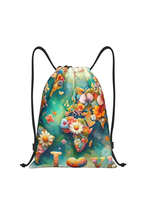 Colorful World Map Print Drawstring Backpack Bag,Waterproof Draw String Back Sack, Gym Drawstring Bags Swim Bag For Unisex