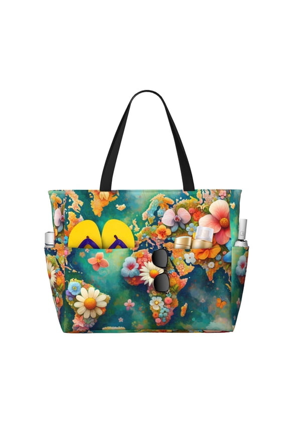 Colorful World Map for Beach Bag for Women Large Beach Tote Bag Waterproof Sandproof Swim Bag with Zipper Pockets Beach Vacation Travel