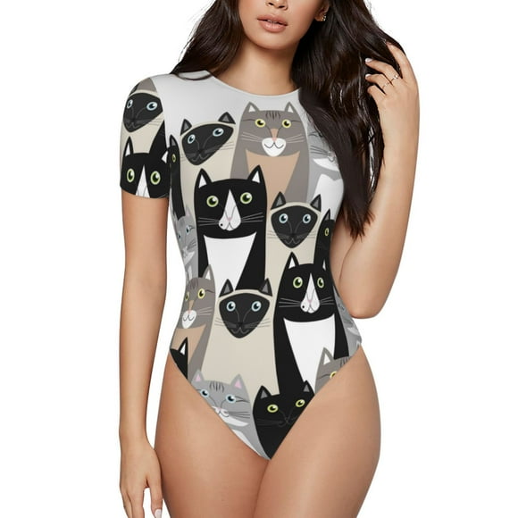 Kdxio Colors Cats for Women's Short-Sleeved Onesie Stylish Round Neck Pajamas Bodysuit Jumpsuit Nightwear-Small