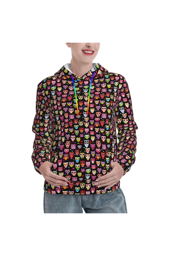 Colourfull Owl Print Womens Oversized Hoodies Sweatshirts Hooded Pullover Tops Sweaters Casual-Medium