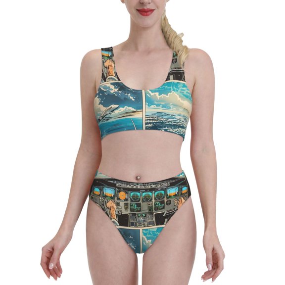 Kdxio Comic Airplane Cockpit Illustration for Womens High Waisted Bikini Top Sports Style Two Piece Bathing Suits
