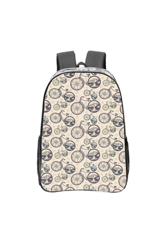 Compass And Mountains In Bicycle Wheels Clear Backpack, Transparent Bookbag for School for Women Men, Capacity Clear Bag for College, Travel