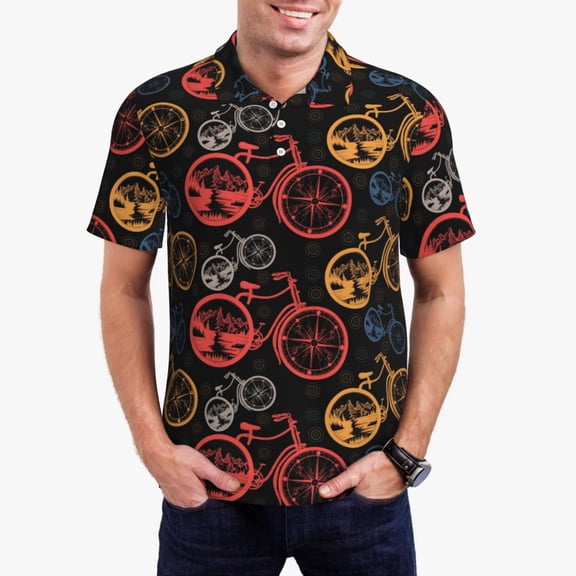 Kdxio Compass And Mountains In Bicycle Wheels1 Print Men's Short Sleeve Polo Shirt,Midweight Men's Shirt