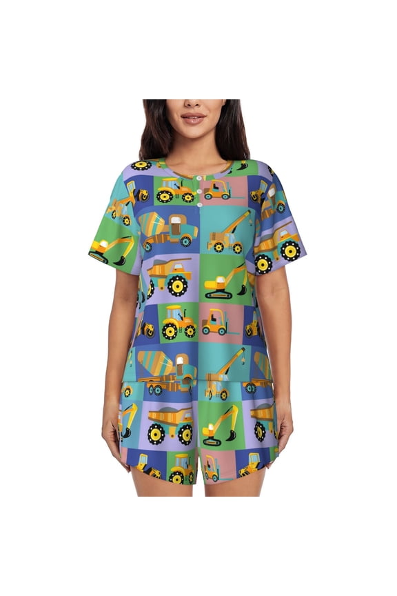 Construction Machinery Print Pajamas Sets for Women Short-Sleeved Pjs with Lounge Shorts Two Piece Sleepwear S-4XL