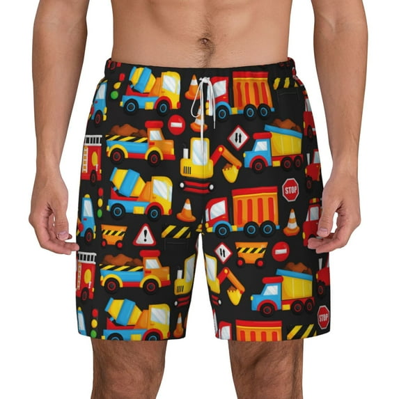 Kdxio Construction Truck Print Men'S Swim Trunks With Compression Liner 7 Inch Inseam Quick Dry Swim Shorts