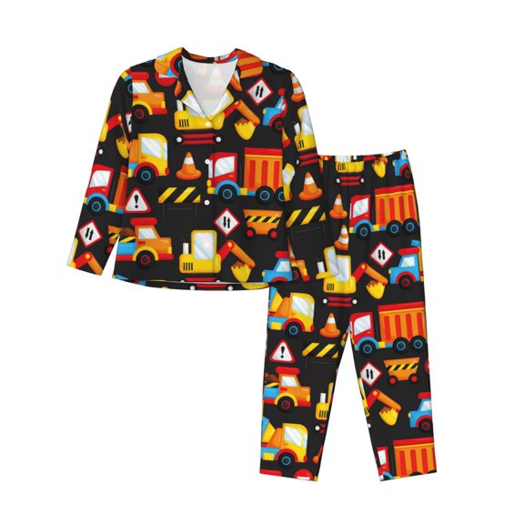 Kdxio Construction Truck Women's Pajama Sets Long Sleeve Button Down Sleepwear Nightwear Soft Pjs Lounge Sets-X-Large