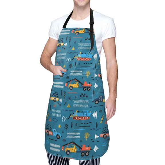 Kdxio Construction Trucks Apron with Pockets Adjustable Kitchen Aprons for Men Women Waterproof Aprons for Cooking,Drawing,Crafting, Baking Household Cleaning