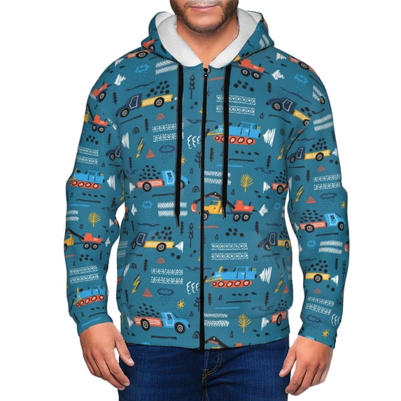 Kdxio Construction Trucks Print Men Hoodies Casual Hoodies for Men with Zip Pockets Full Zip Long Sleeve Sweatshirt Sports Hooded Jacket-Small