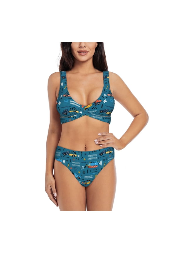 Construction Trucks Print Women's 2 Piece High Waisted Wrap Spaghetti Strap Summer Swimsuit Bikini Set-Small