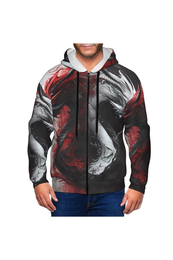 Cool Black And White Dragon Print Men Hoodies Casual Hoodies for Men with Zip Pockets Full Zip Long Sleeve Sweatshirt Sports Hooded Jacket-Large