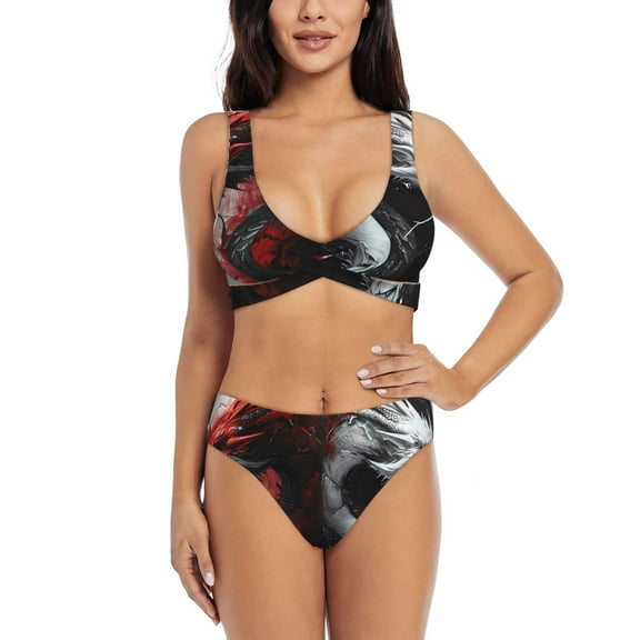 Kdxio Cool Black And White Dragon Print Women's 2 Piece High Waisted Wrap Spaghetti Strap Summer Swimsuit Bikini Set-Medium