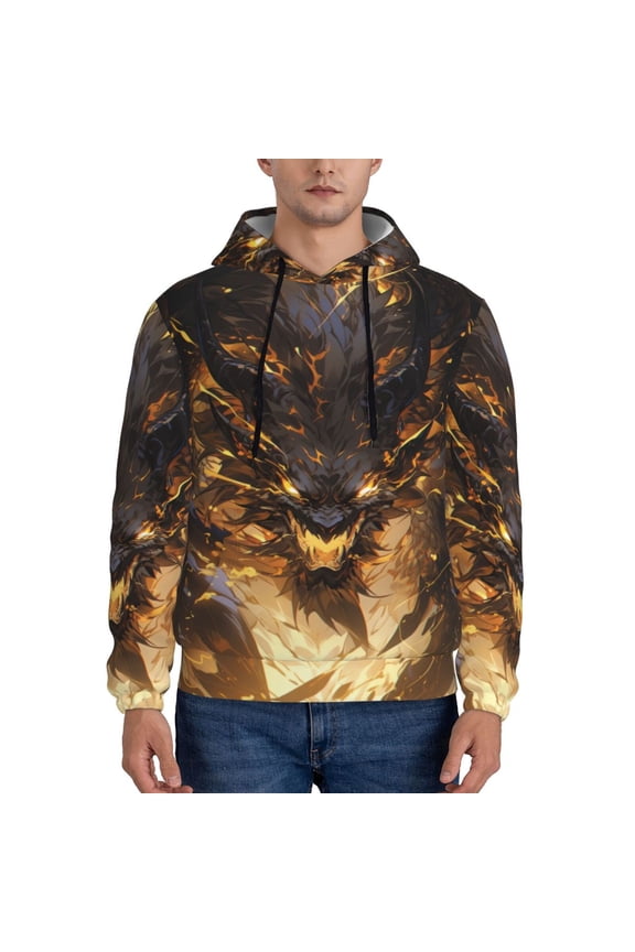 Cool Black Gold Dragon Print Mens Casual Hooded Collar Drawstring Hoodies Pullover Sweatshirts Casual Long Sleeve Shirts-4X-Large