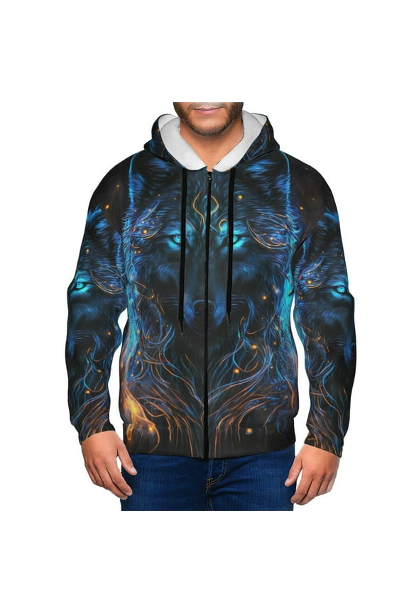 Cool Blue Light Wolf Print Men Hoodies Casual Hoodies for Men with Zip Pockets Full Zip Long Sleeve Sweatshirt Sports Hooded Jacket-Medium
