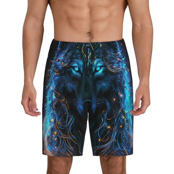 Kdxio Cool Blue Light Wolf Print Mens Sleep Shorts Bottoms Soft Comfy Pajama Wear Pants with Drawstring Pockets
