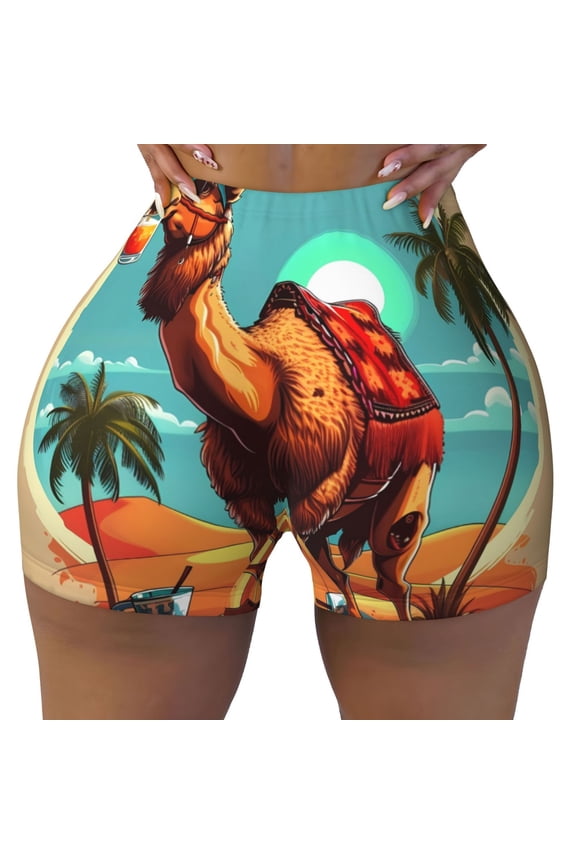 Cool Camel Oasis Vibes Print Workout Shorts for Women Seamless Soft Smooth Gym Yoga Scrunch Active Shorts