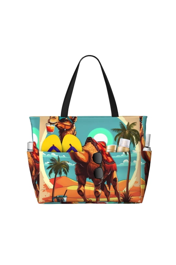 Cool Camel Oasis Vibes for Beach Bag for Women Large Beach Tote Bag Waterproof Sandproof Swim Bag with Zipper Pockets Beach Vacation Travel