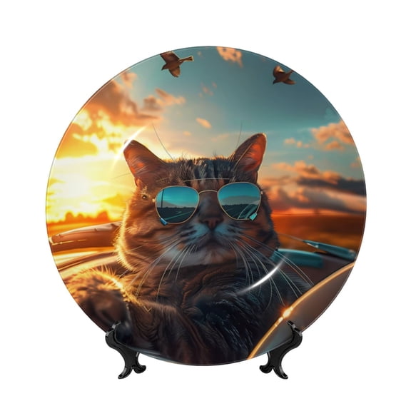 Kdxio Cool Cat Driving Sunset Bone China Decorative Plate Ceramic Decorative Plate for Home Office Wall Stand Decorative Plates for Home Bedroom-8in