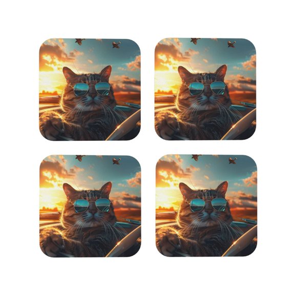 Kdxio Cool Cat Driving Sunset Funny Coasters,4 Pcs Leather Coasters,Housewarming Gifts,Protect Furniture from Water Marks Scratch and Damage