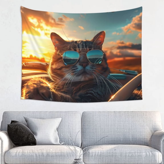 Kdxio Cool Cat Driving Sunset Wall Hanging Tapestries Banner For Bedroom College Dorm Home Living Room Party Decor 29X37 In