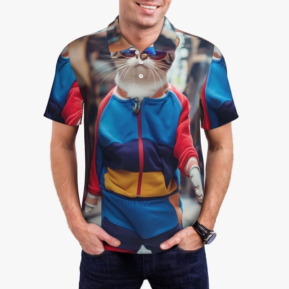 Kdxio Cool Cat In Sunglasses Print Men's Short Sleeve Polo Shirt,Midweight Men's Shirt-Large