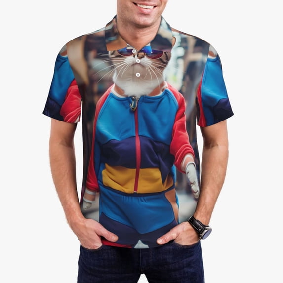 Kdxio Cool Cat In Sunglasses Print Men's Short Sleeve Polo Shirt,Midweight Men's Shirt-Large