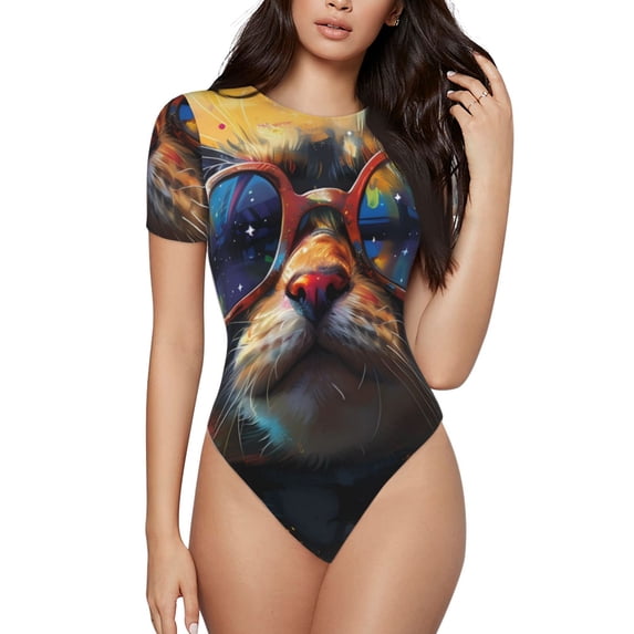 Kdxio Cool Cat With Sunglasses for Women's Short-Sleeved Onesie Stylish Round Neck Pajamas Bodysuit Jumpsuit Nightwear-X-Large