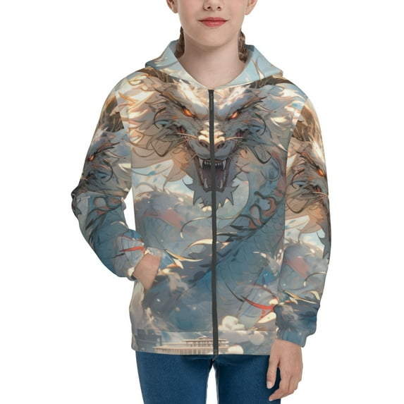 Kdxio Cool Cloud White Dragon Pattern Kids Boys Girls Zip Up Hoodie 3D Printed Hooded Sweatshirt Hoody Coat with Pocket 7-12 Y-Small