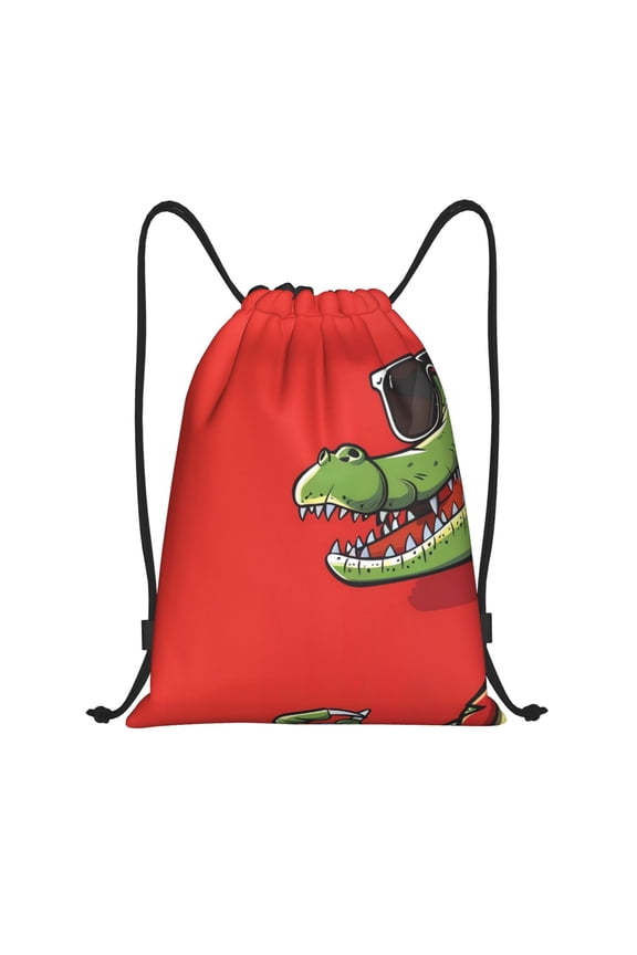 Cool Crocodile With Sunglasses Print Drawstring Backpack Bag,Waterproof Draw String Back Sack, Gym Drawstring Bags Swim Bag For Unisex