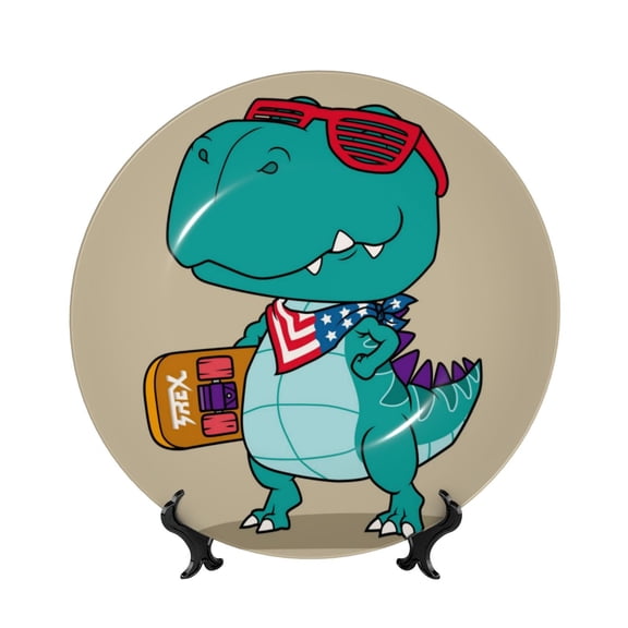 Kdxio Cool Dino Playing Skateboard Bone China Decorative Plate Ceramic Decorative Plate for Home Office Wall Stand Decorative Plates for Home Bedroom-6in