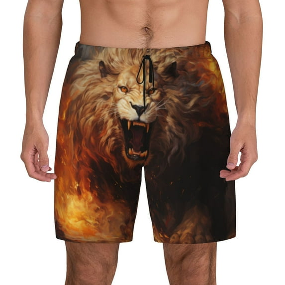 Kdxio Cool Fire Lion Print Men's Swim Trunks with Compression Liner 7 Inch Inseam Quick Dry Swim Shorts