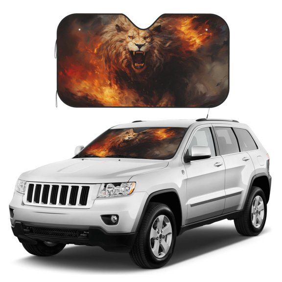 Kdxio Cool Fire Lion Print Windshield Sun Shade, Foldable Sun Blocker for Car,Truck,SUV Automotive Interior Sun Protection,Reflective Shade for Front Windshield(Small)