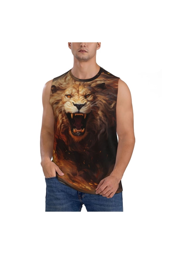 Cool Fire Lion for Men's Muscle T-shirt,Sleeveless for Workout Running Athletic Gym Lounge Casual