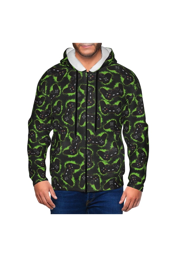 Cool Gamepad Print Men Hoodies Casual Hoodies for Men with Zip Pockets Full Zip Long Sleeve Sweatshirt Sports Hooded Jacket-X-Large