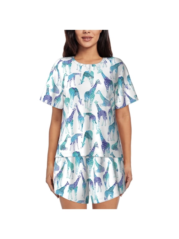 Cool Giraffe Print Pajamas Sets for Women Short-Sleeved Pjs with Lounge Shorts Two Piece Sleepwear S-4XL