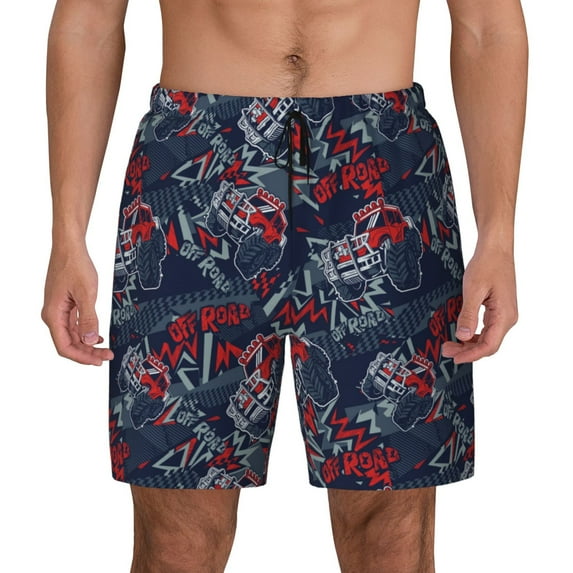 Kdxio Cool Red Off-Road Vehicle Print Men's Swim Trunks with Compression Liner 7 Inch Inseam Quick Dry Swim Shorts