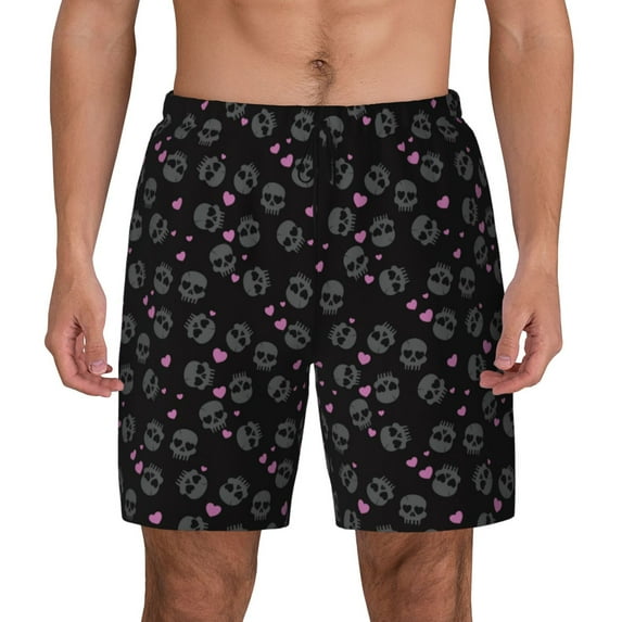 Kdxio Cool Skull Love Print Men's Swim Trunks with Compression Liner 7 Inch Inseam Quick Dry Swim Shorts