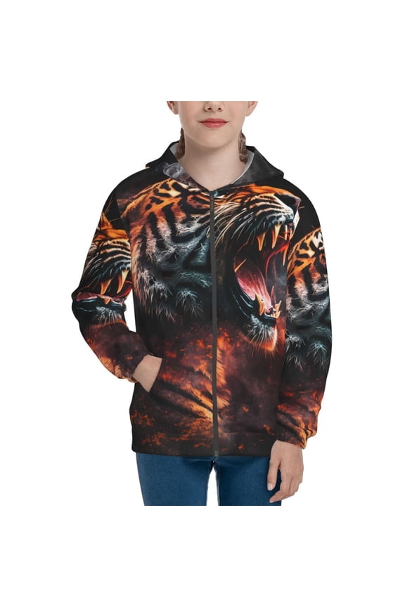 Cool Tiger Pattern Kids Boys Girls Zip Up Hoodie 3D Printed Hooded Sweatshirt Hoody Coat with Pocket 7-12 Y-Medium