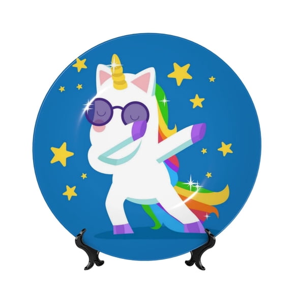 Kdxio Cool Unicorn Star Golden Bone China Decorative Plate Ceramic Decorative Plate for Home Office Wall Stand Decorative Plates for Home Bedroom-7in