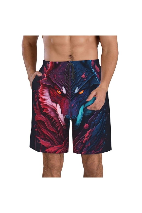 Cool Wolf Head Pattern Mens Casual Shorts - Drawstring Summer Beach Sports Shorts for Men