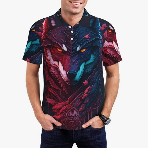 Kdxio Cool Wolf Head Print Men's Short Sleeve Polo Shirt,Midweight Men's Shirt